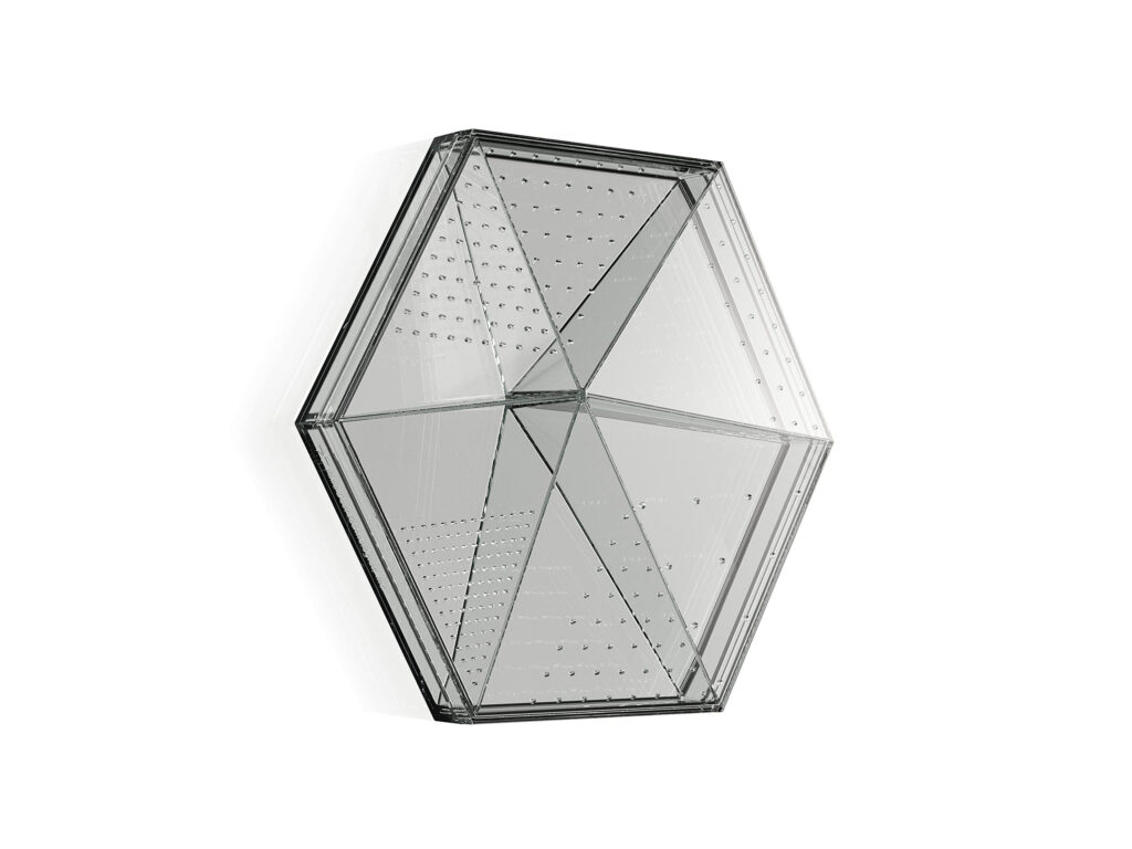 Hexagonal-shaped transparent device with small perforations across its symmetrical surface, featuring a modern, minimalist design