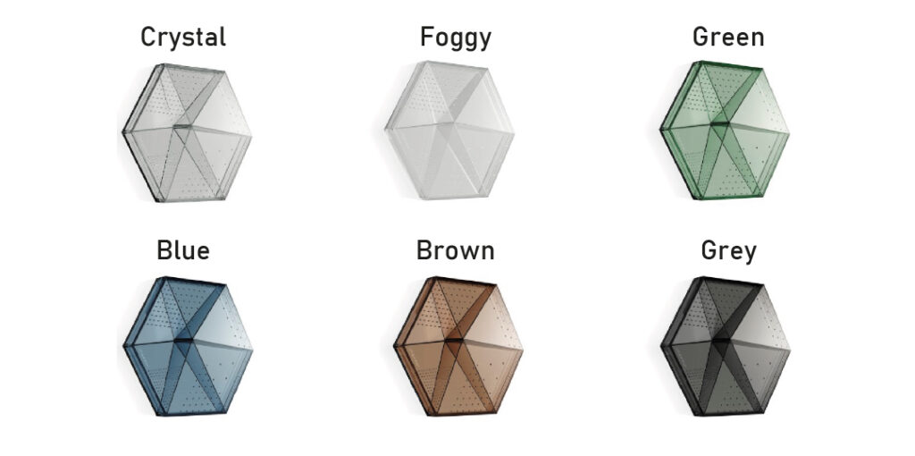 Paleta de colores de paneles hexagonales con seis opciones: Crystal (transparente), Foggy (blanco translúcido), Green (verde), Blue (azul), Brown (marrón) y Grey (gris). Cada panel tiene un diseño geométrico con perforaciones. En la esquina inferior derecha, aparece un logotipo rojo de AISTEC