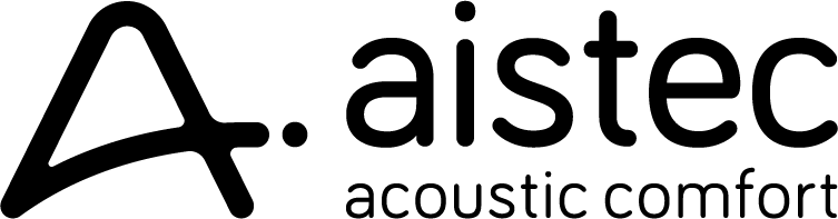 Logotipo oficial de Aistec con el eslogan 'acoustic comfort', expertos en soluciones acústicas innovadoras y confort sonoro para espacios