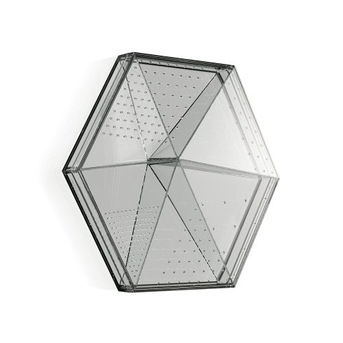 Hexagonal-shaped transparent device with small perforations across its symmetrical surface, featuring a modern, minimalist design